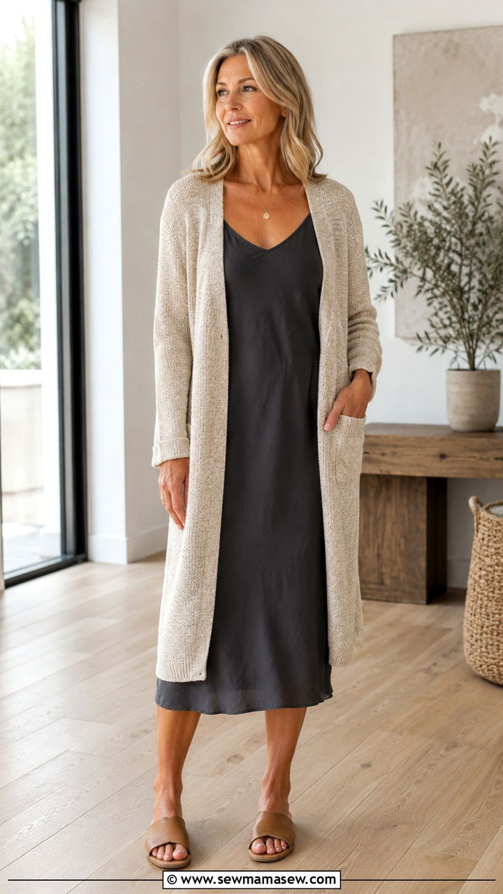 Slip Dress And Cozy Cardigan - 30 Minimalist outfit ideas for women over 50