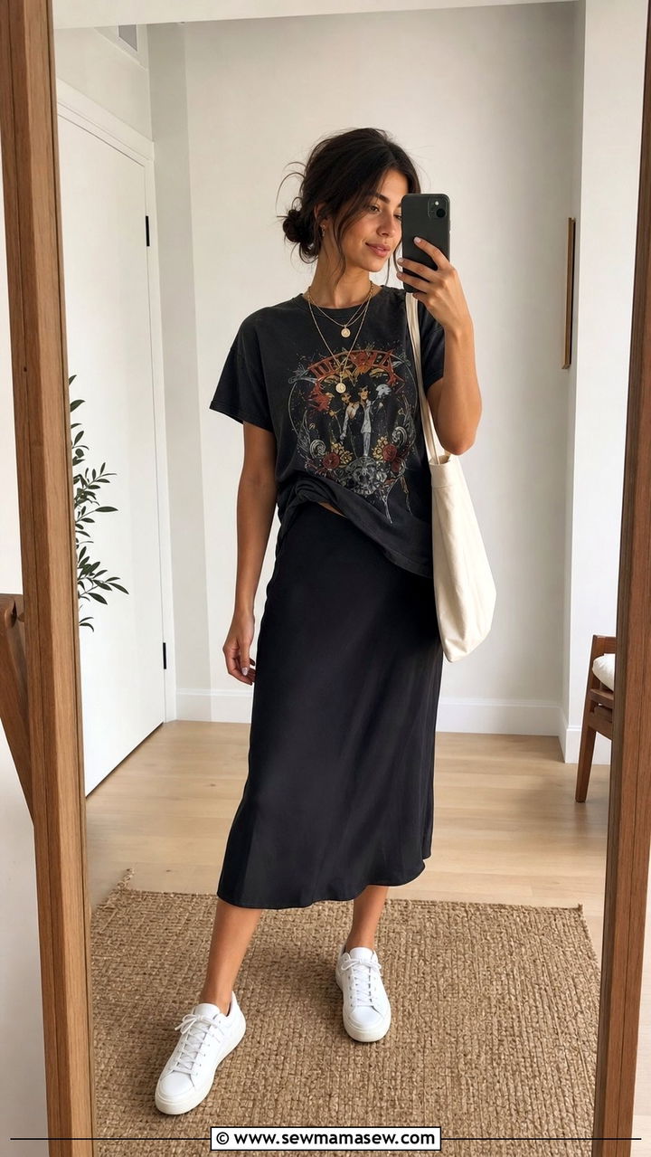 Slip Dress And Graphic Tee With Sneakers Outfit - 25 Slip dress outfit ideas with sneakers