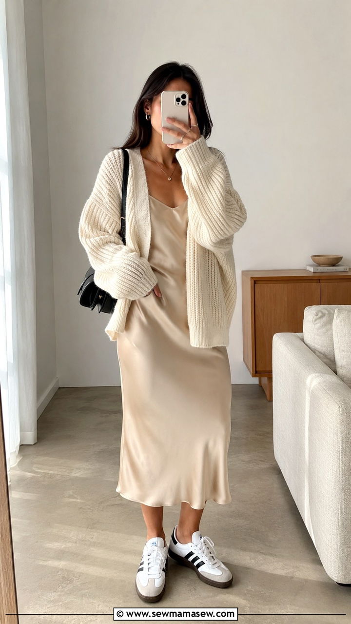 Slip Dress And Oversized Cardigan With Adidas Samba - 20 How to style Adidas Samba