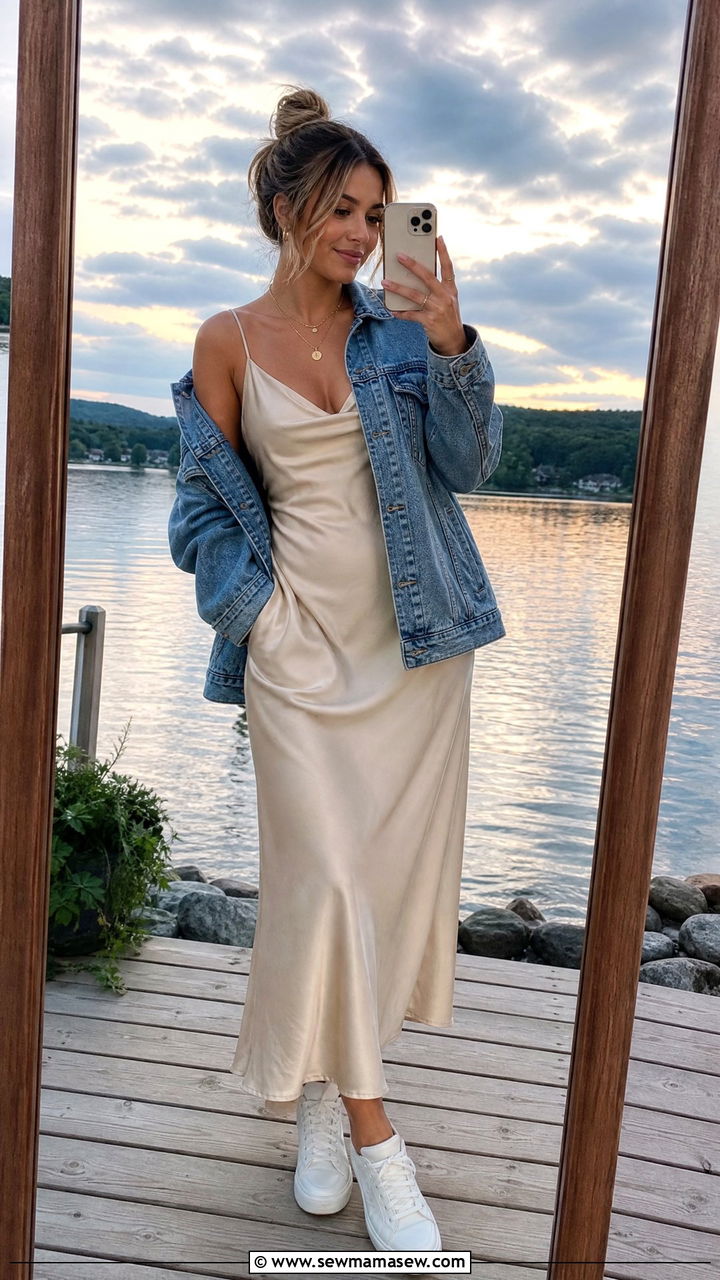 Slip Dress Denim Jacket White Sneakers Lake House Outfit - 35 Lake house outfit ideas