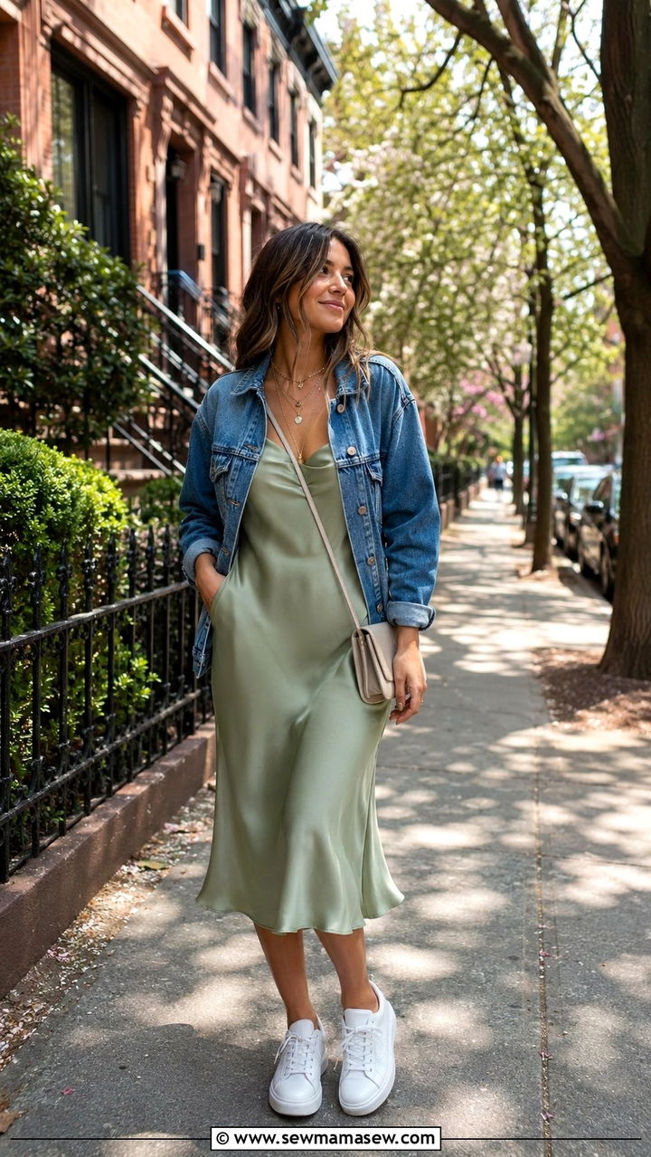Slip Dress Denim Jacket White Sneakers - 30 NYC brunch outfit ideas