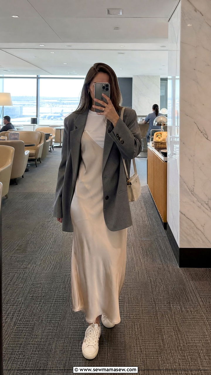 Slip Dress Layered Airport Outfit - 30 Europe airport outfit ideas