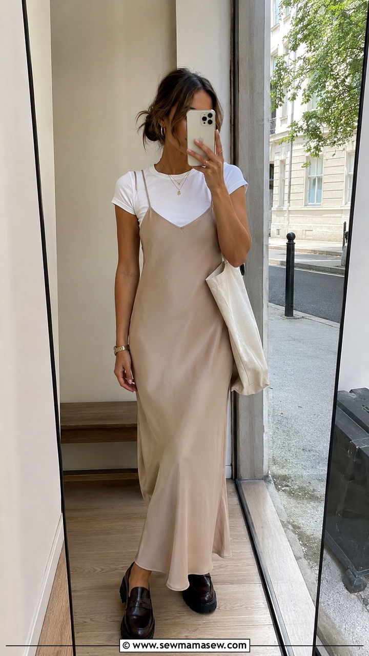 Slip Dress Layered Over A White T Shirt - 30 slip dress outfits