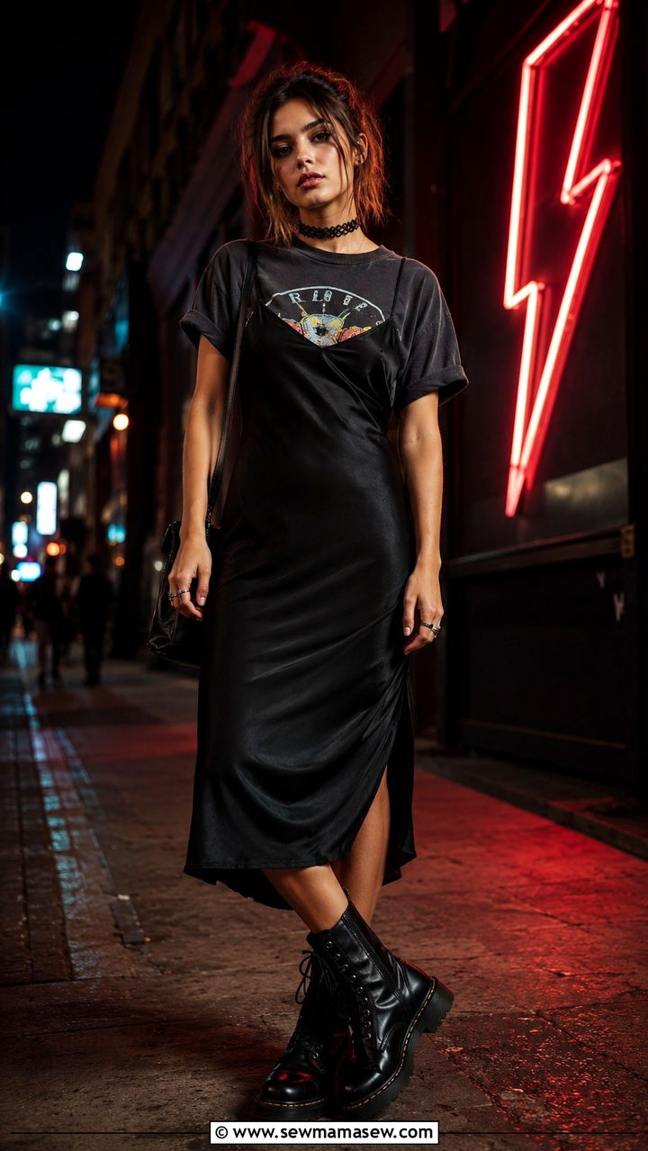 Slip Dress Layered Over Graphic Tee with Combat Boots - 30 casual grunge outfits