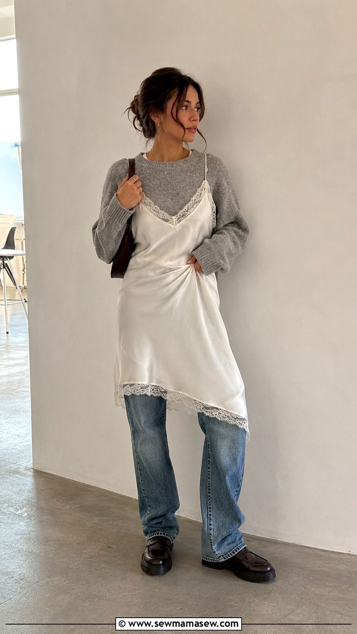 Slip Dress Layered Over Jeans - 20 fashion inspo outfits to copy