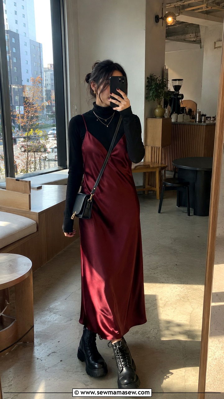 Slip Dress Layered Over Turtleneck With Combat Boots - 30 Tokyo vacation outfit ideas
