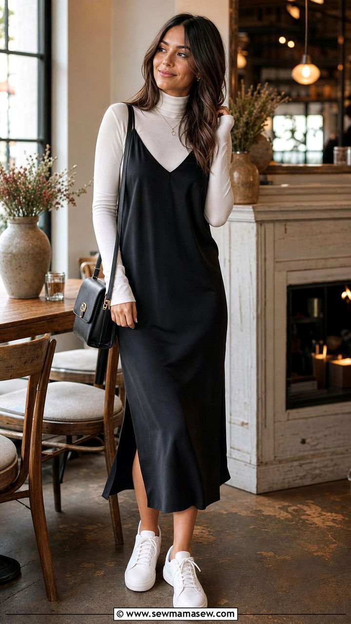 Slip Dress Layered Over Turtleneck With Sneakers - 25 Slip dress outfit ideas with sneakers