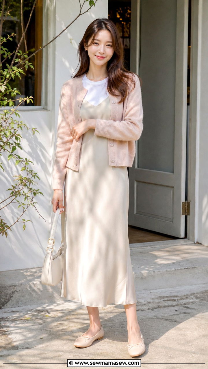 Slip Dress Layered Over a T Shirt With a Cardigan - 40 Korean outfit ideas