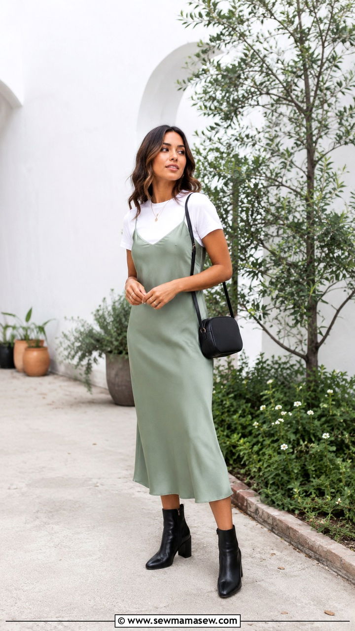 Slip Dress Layered Over a White Cotton Tee - 30 classy scandinavian outfit ideas
