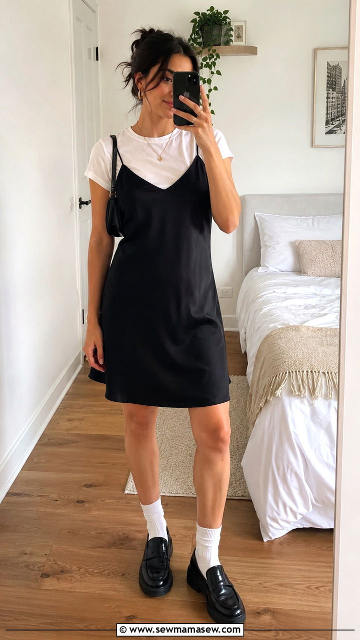 Slip Dress Layered Over a White T Shirt - 30 casual 90s outfits