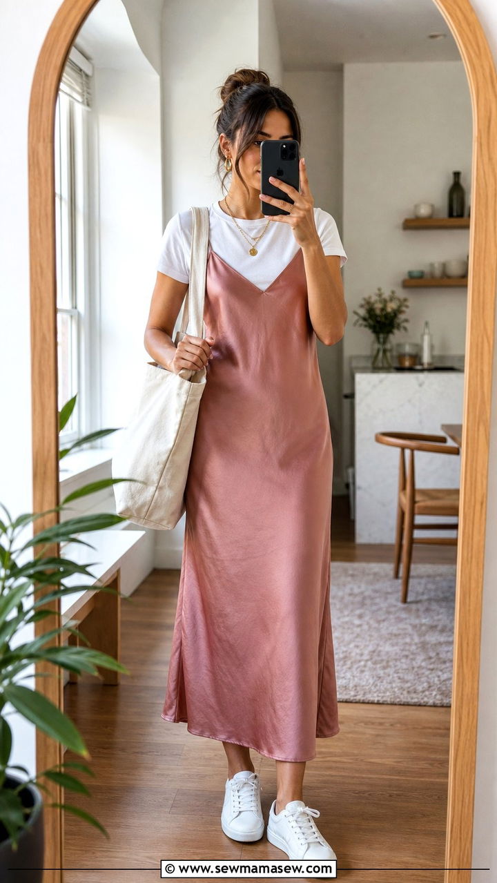 Slip Dress Layered Over a White Tee - 25 spring slip dress outfit ideas