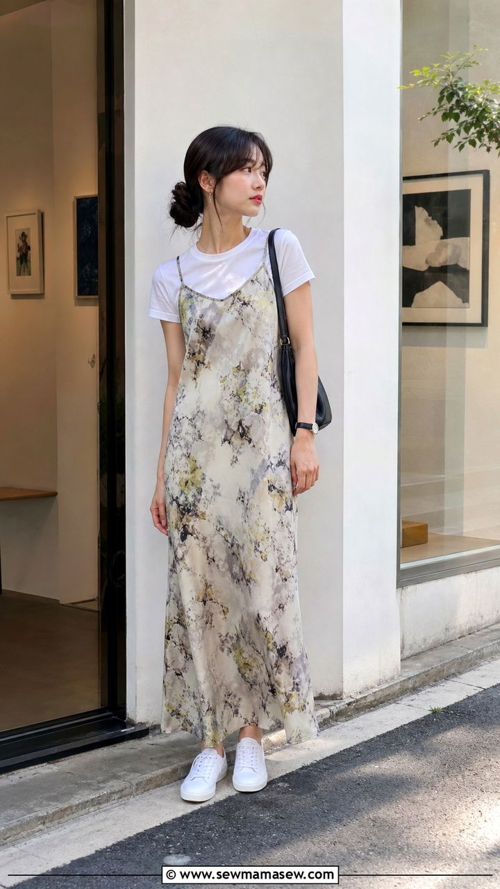 Slip Dress Layered Over a White Tee Outfit - 40 Summer Japan outfit ideas