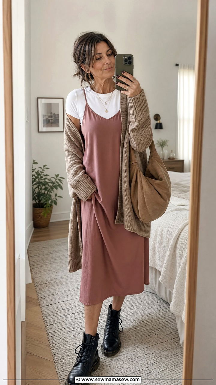 Slip Dress Layered Over a White Tee with Doc Martens - 25 grunge outfit ideas for women over 40