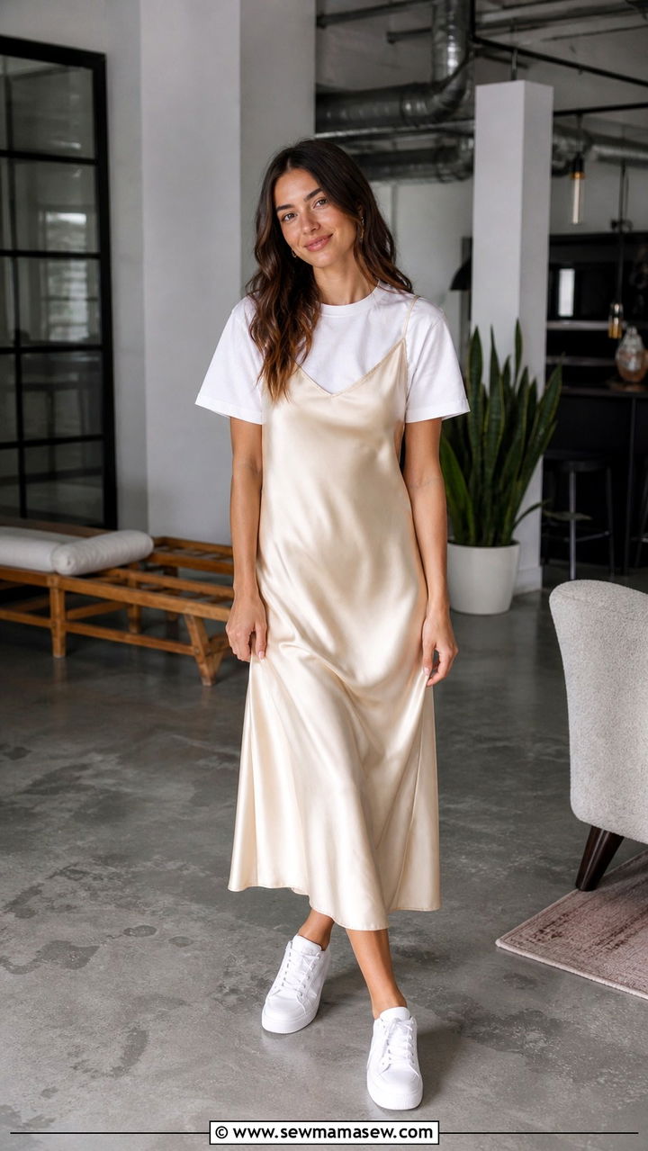 Slip Dress Layered Over a White Tee - 40 cute spring outfit ideas