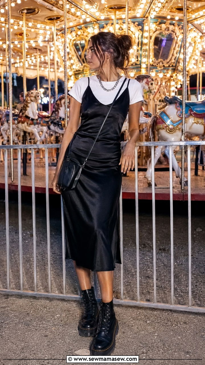 Slip Dress Over Baby Tee with Combat Boots - 30 State fair outfit ideas