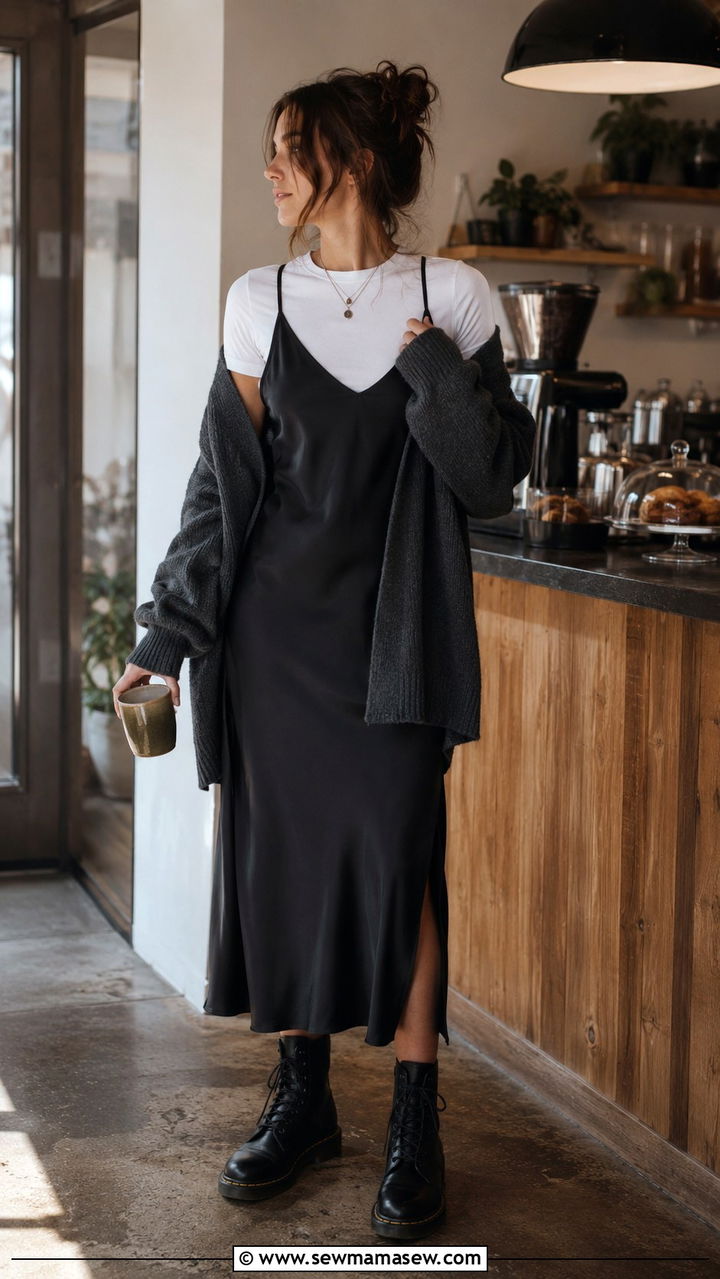 Slip Dress Over Tee with Cardigan Grunge Outfit - 20 grunge capsule wardrobe outfits