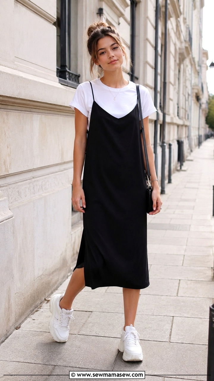 Slip Dress Over a White T Shirt With Chunky Sneakers - 30 Trendy outfits for 15 year olds
