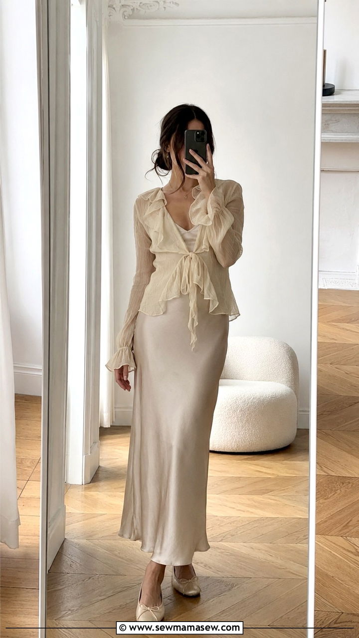 Slip Dress Sheer Blouse And Ballet Flats - 25 poetcore outfits