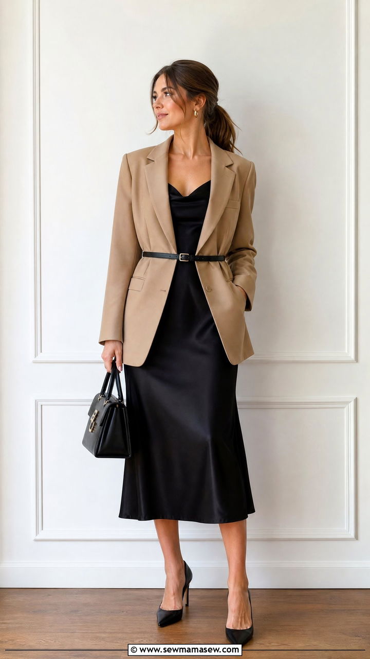 Slip Dress With Belt and Blazer - 25 chic slip dress outfit ideas
