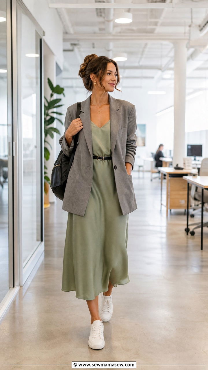 Slip Dress With Blazer And Sneakers For Work - 25 How to style a slip dress for work