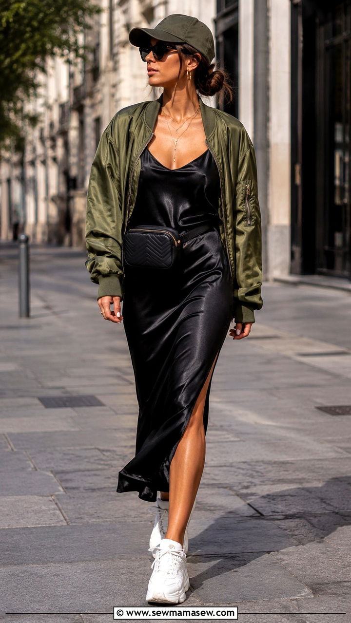 Slip Dress With Bomber Jacket - 30 how to style slip dress outfits