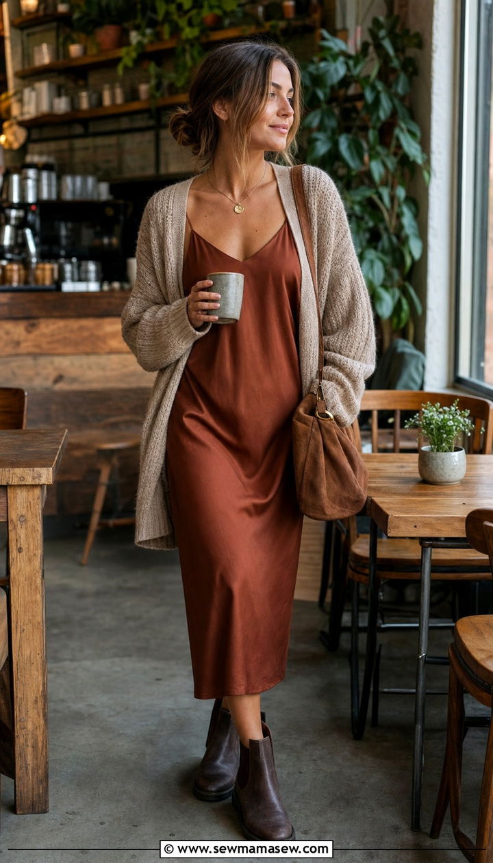 Slip Dress With Cardigan And Flat Chelsea Boots - 25 Slip dress outfit ideas with boots