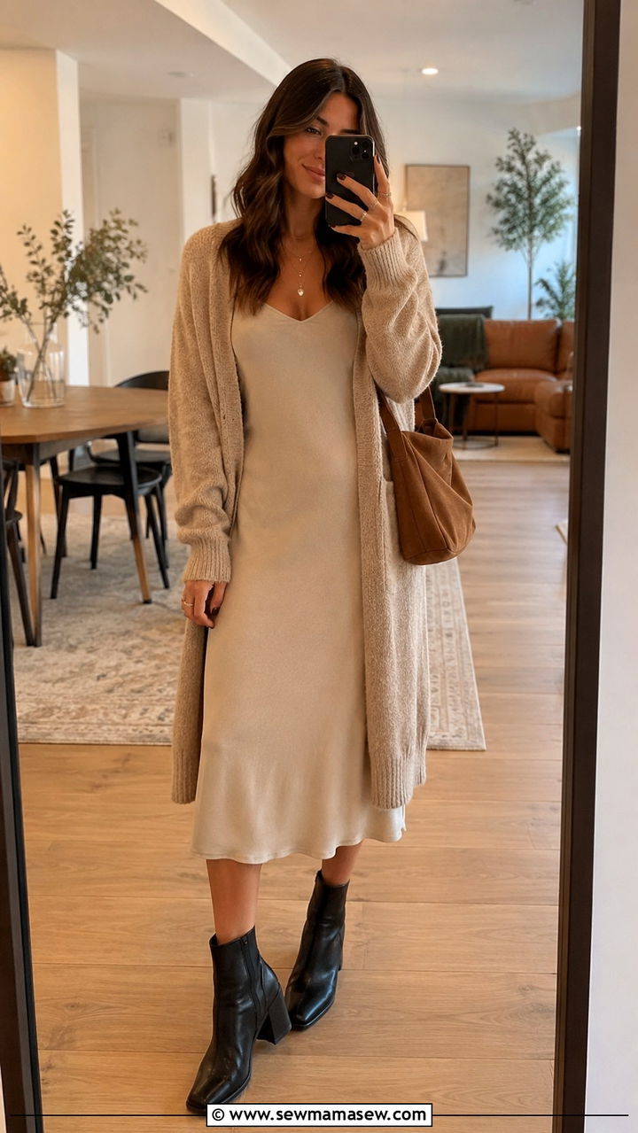 Slip Dress With Cardigan and Ankle Boots - 30 how to style slip dress outfits