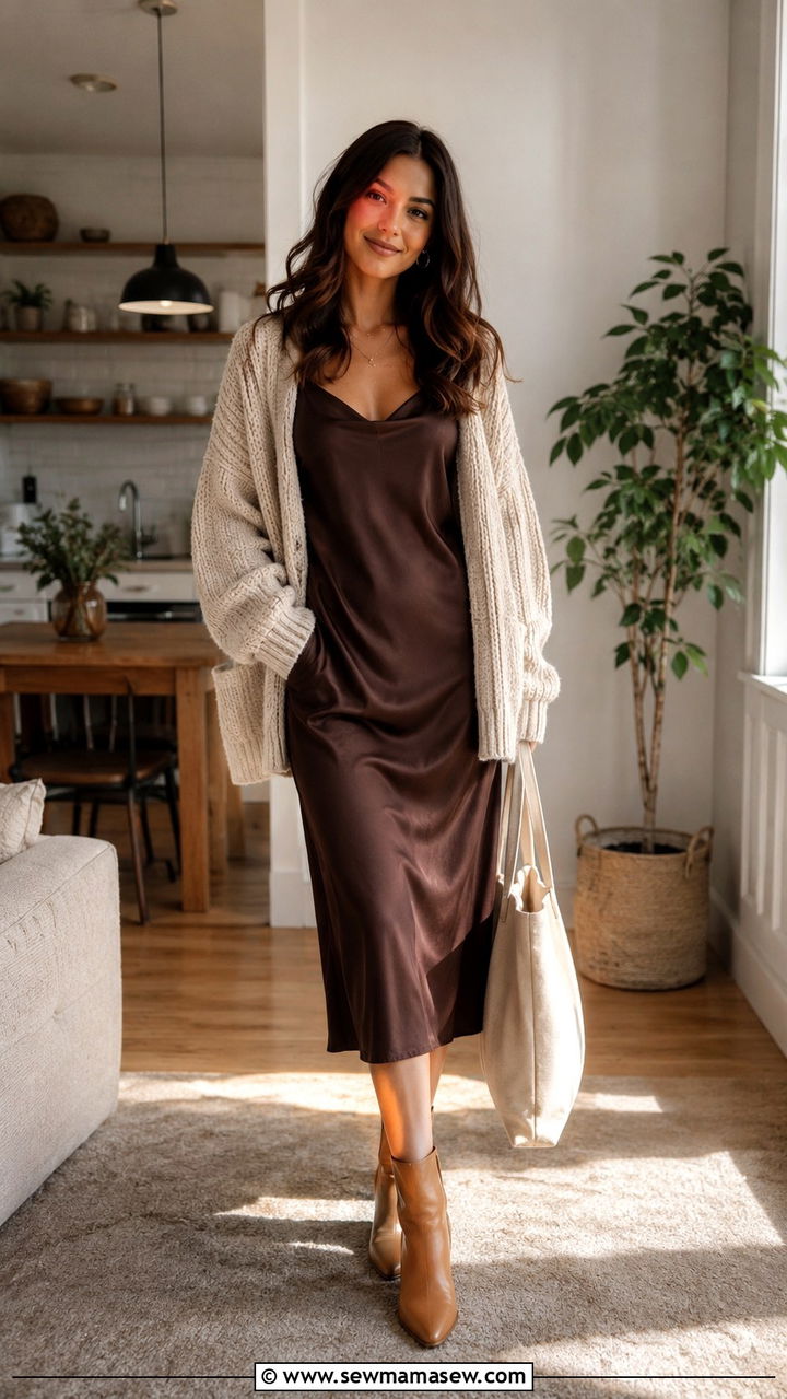 Slip Dress With Chunky Cardigan And Ankle Boots - 20 slip dress outfits 2026