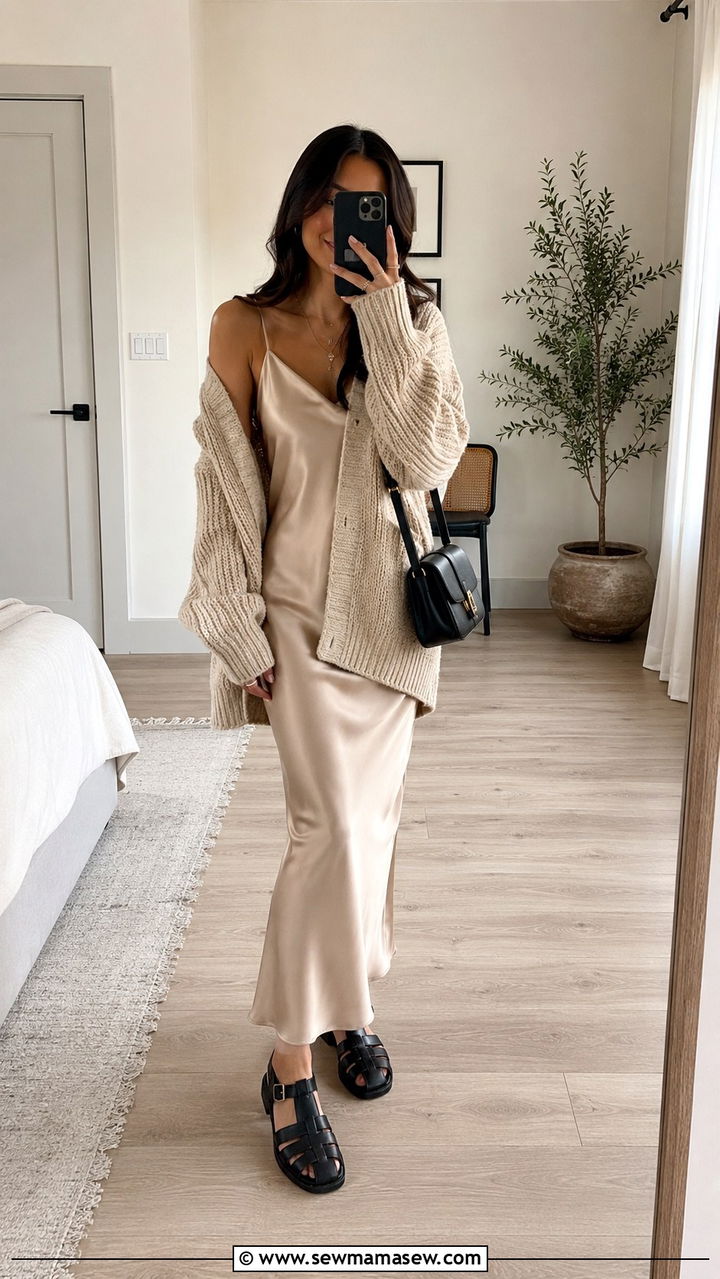 Slip Dress With Chunky Cardigan Layer - 30 Early spring outfits