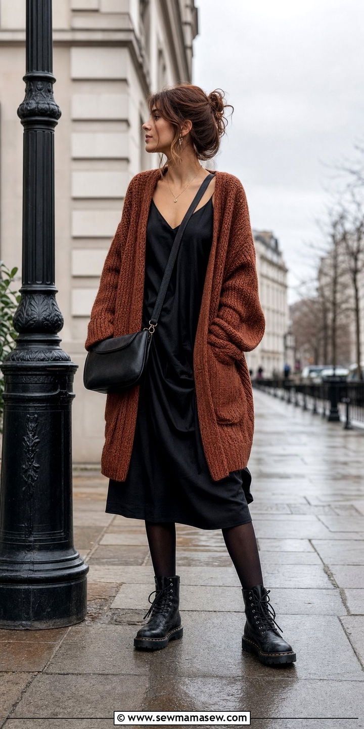 Slip Dress With Chunky Knit Cardigan Tights And Combat Boots - 25 Slip dress outfit ideas with a cardigan