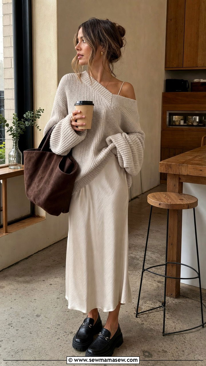 Slip Dress With Chunky Knit Sweater - 25 spring slip dress outfit ideas