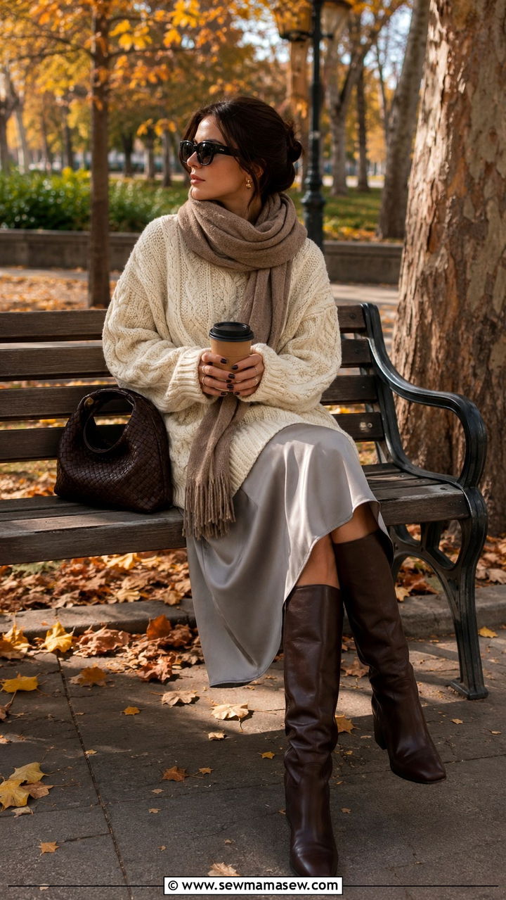Slip Dress With Chunky Knit Sweater - 20 slip dress outfits inspo