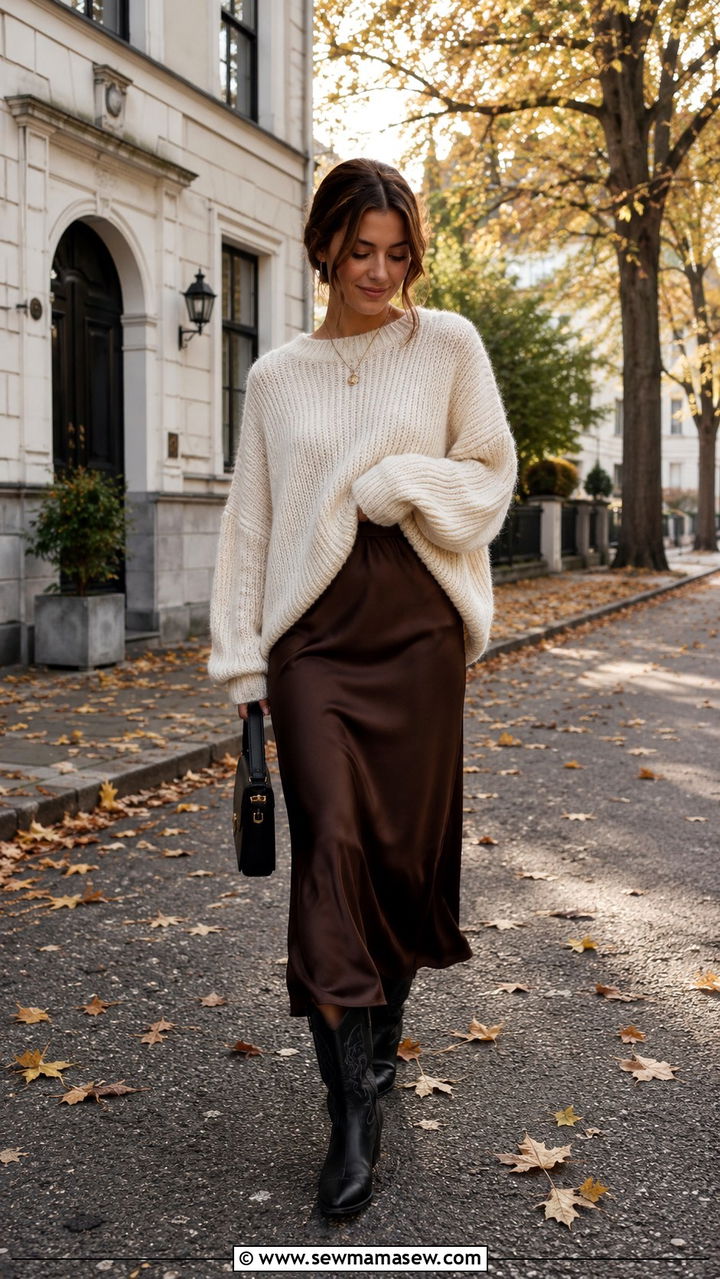 Slip Dress With Chunky Mohair Knit And Cowboy Boots - 30 Danish outfit ideas