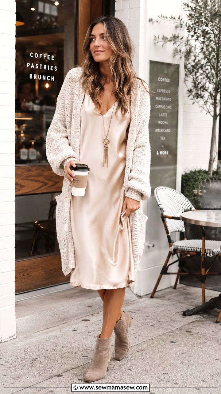 Slip Dress With Chunky Oversized Cardigan - 25 boho chic outfits to copy