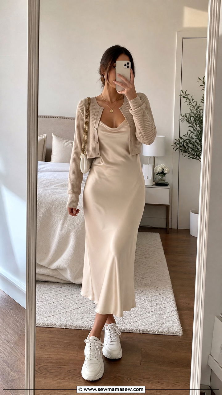 Slip Dress With Chunky Sneakers Brunch Look - 25 Brunch outfit ideas with sneakers