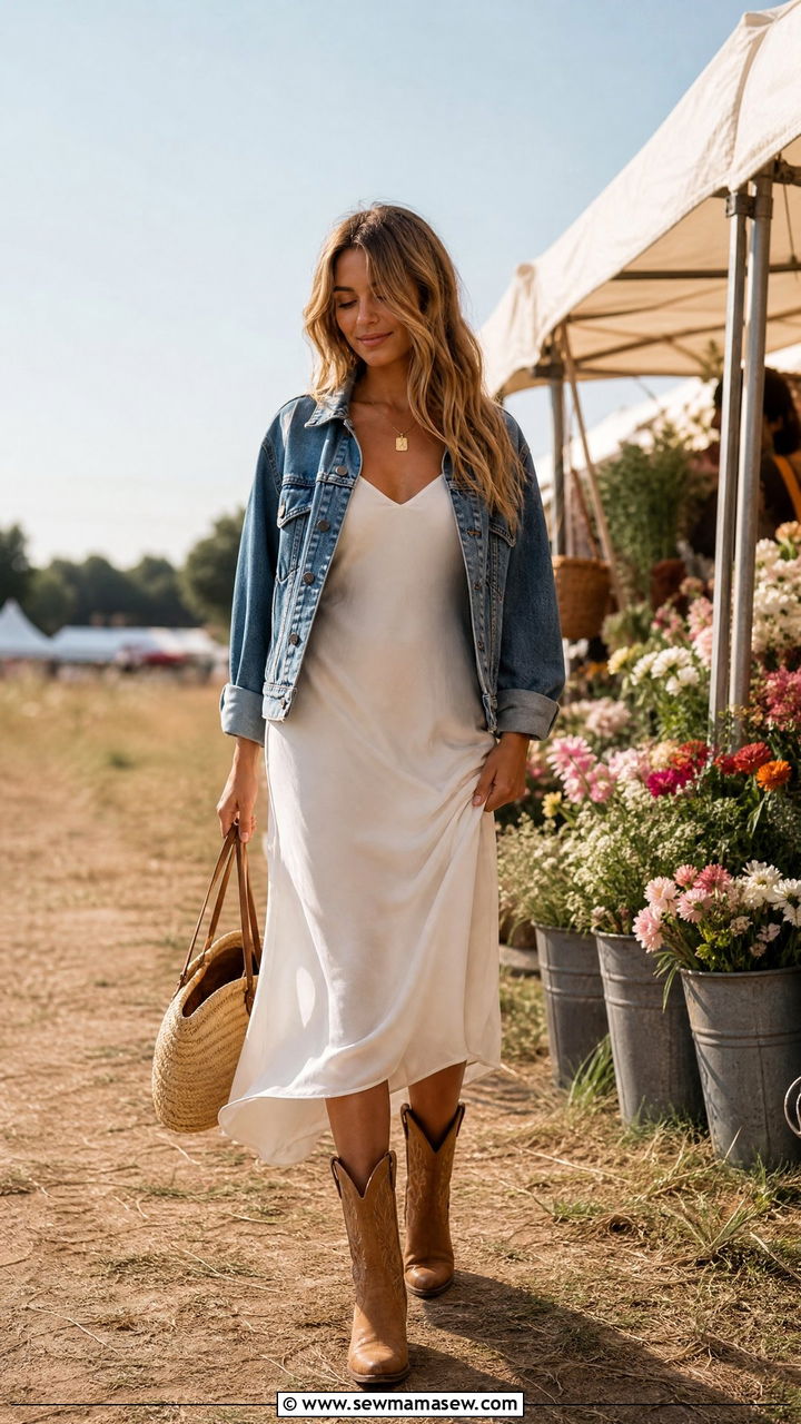 Slip Dress With Cowboy Boots - 25 chic slip dress outfit ideas