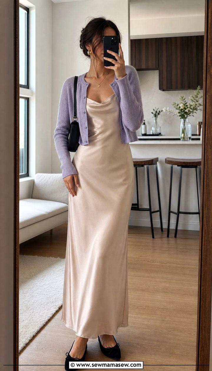 Slip Dress With Cropped Cardigan and Ballet Flats - 25 spring outfits 2026 women to copy