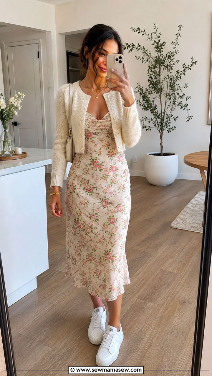 Slip Dress With Cropped Cardigan and Sneakers - 30 how to style slip dress outfits