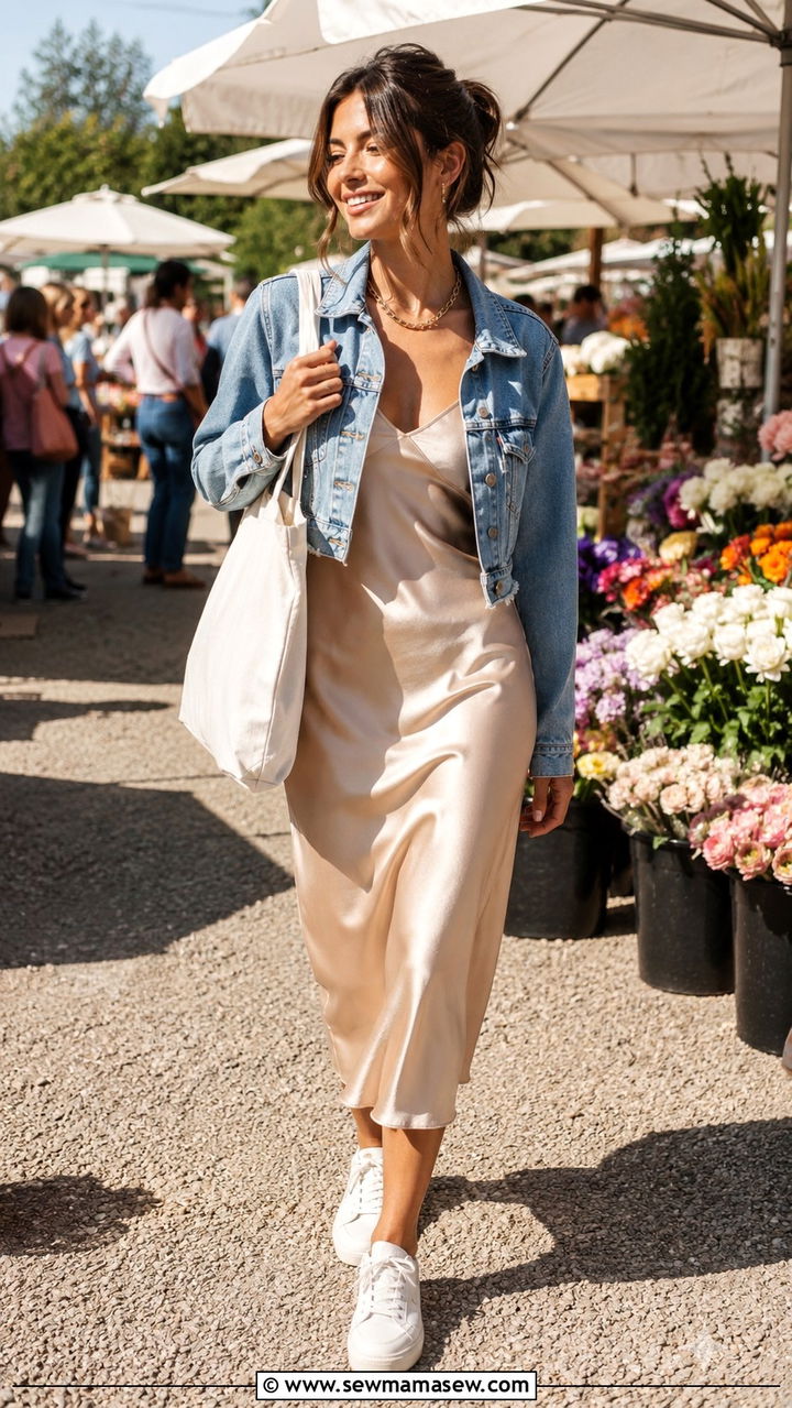 Slip Dress With Cropped Denim Jacket - 25 Outfit ideas for athletic body feminine