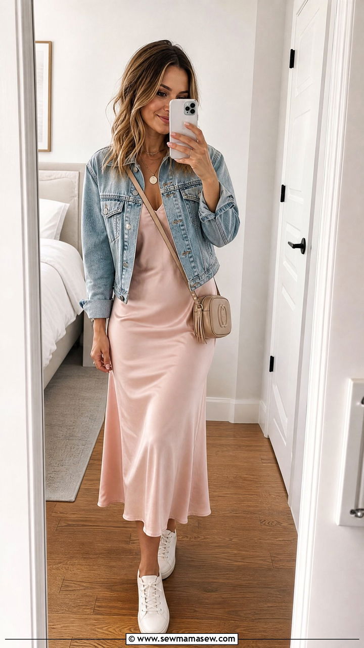 Slip Dress With Denim Jacket - 25 chic slip dress outfit ideas