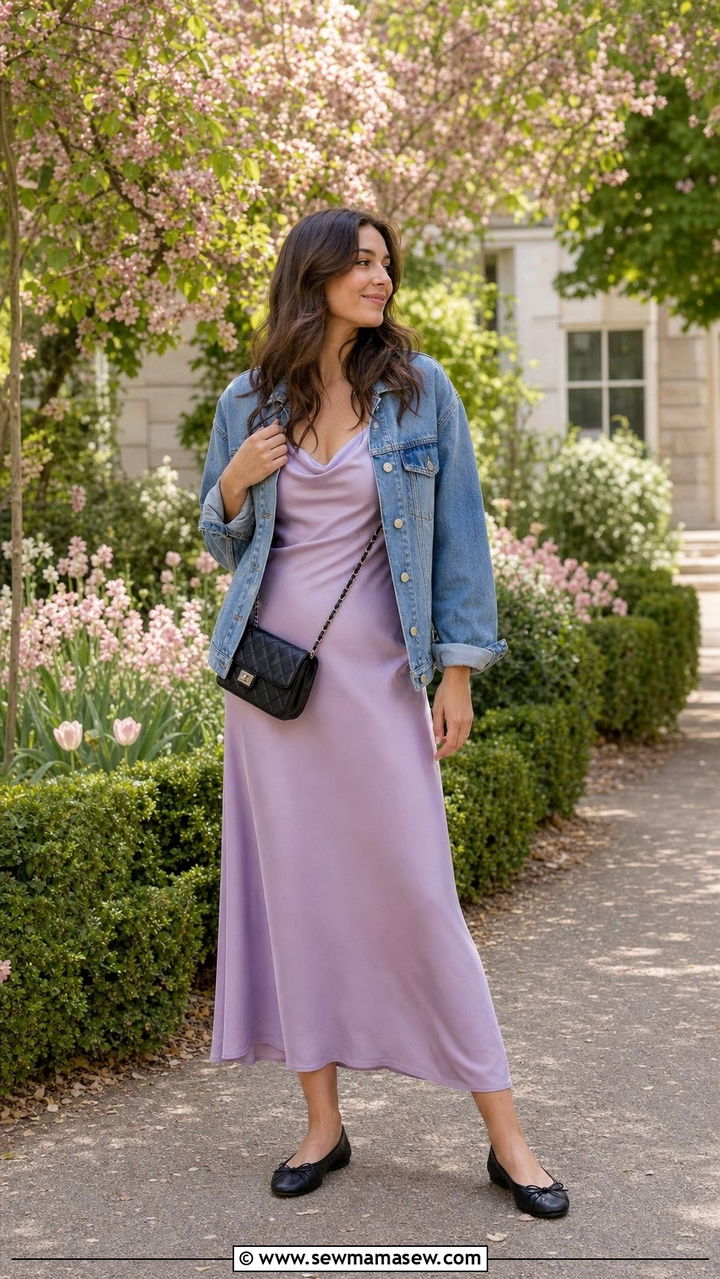 Slip Dress With Denim Jacket And Ballet Flats - 25 Slip dress outfit ideas with a denim jacket