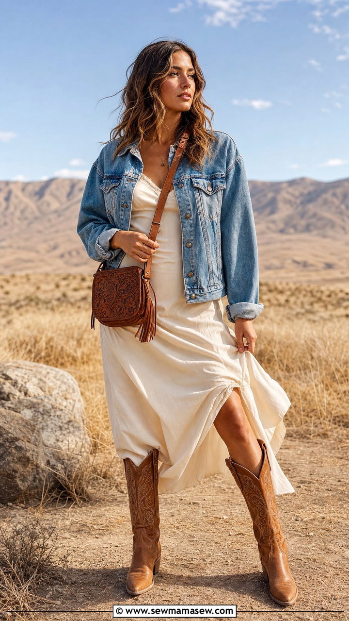 Slip Dress With Denim Jacket And Western Boots - 25 Slip dress outfit ideas with a denim jacket