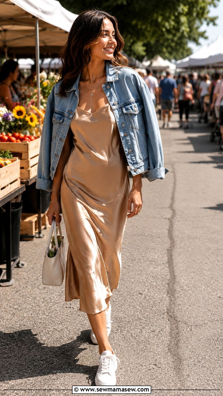 Slip Dress With Denim Jacket And White Sneakers - 20 slip dress outfits 2026