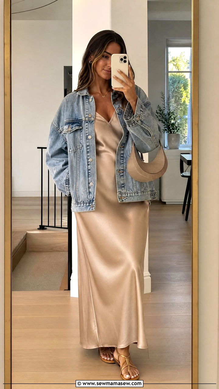 Slip Dress With Denim Jacket Outfit - 30 Girls night outfit ideas casual
