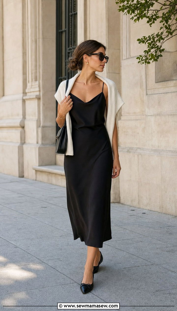 Slip Dress With Draped Sweater and Ballet Flats - 25 spring slip dress outfit ideas