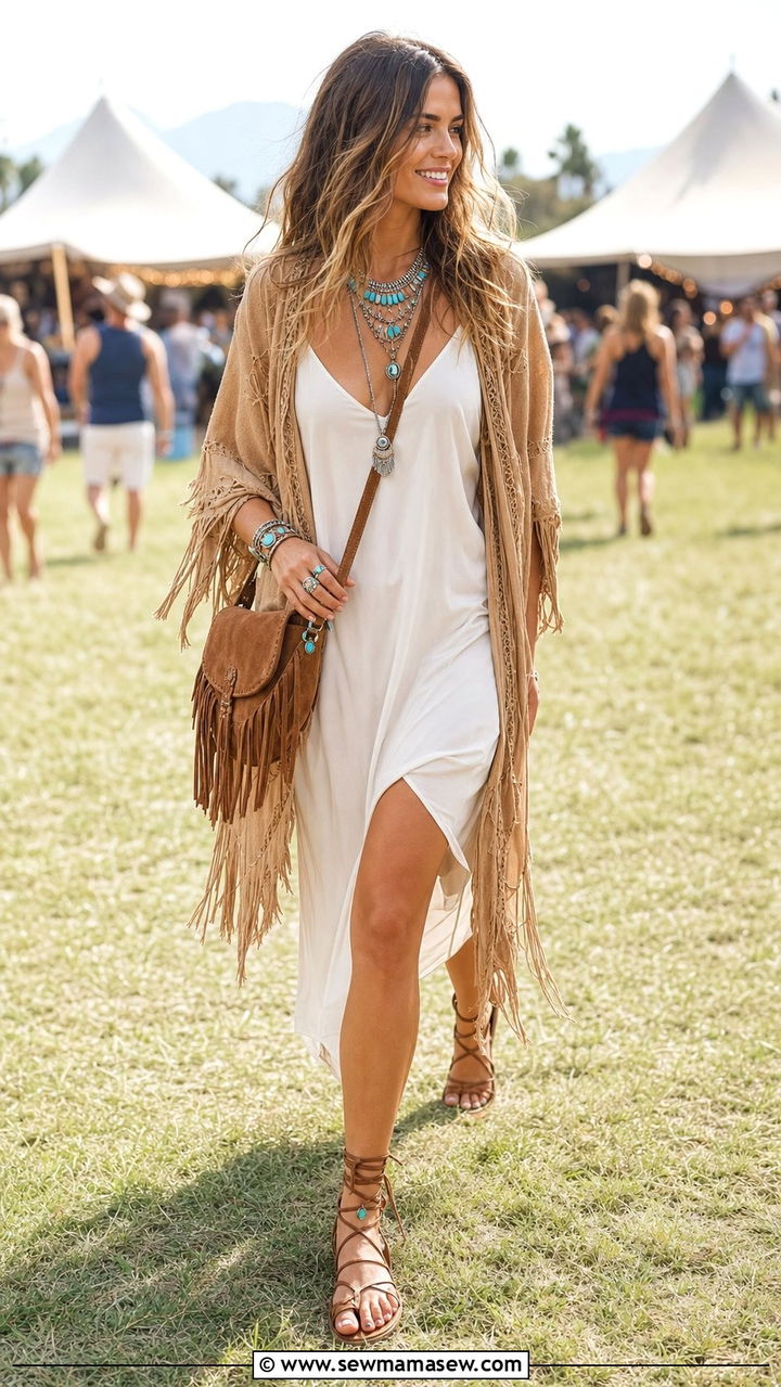 Slip Dress With Fringe Cardigan And Boho Sandals - 25 Slip dress outfit ideas with a cardigan