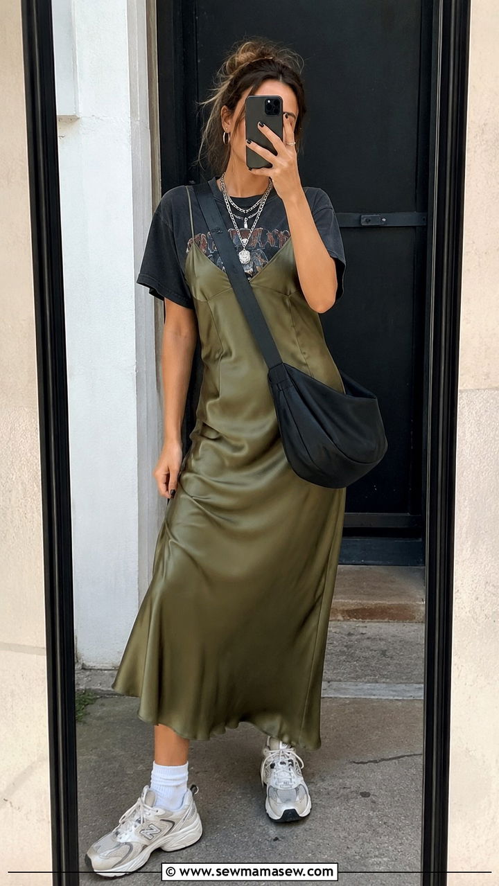 Slip Dress With Graphic Tee and Sneakers - 30 how to style slip dress outfits