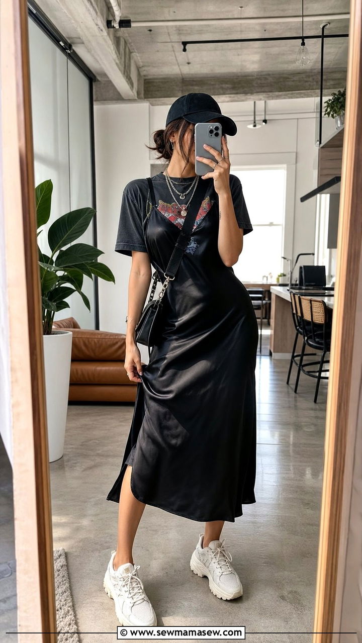 Slip Dress With Graphic Tee and Sneakers - 25 spring slip dress outfit ideas