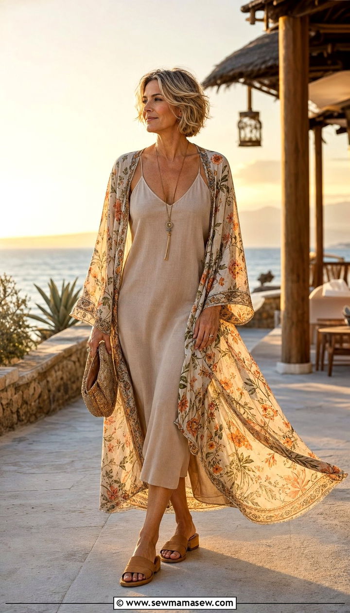 Slip Dress With Kimono Or Duster Layer Outfit Over 40 - 25 slip dress outfits for women over 40
