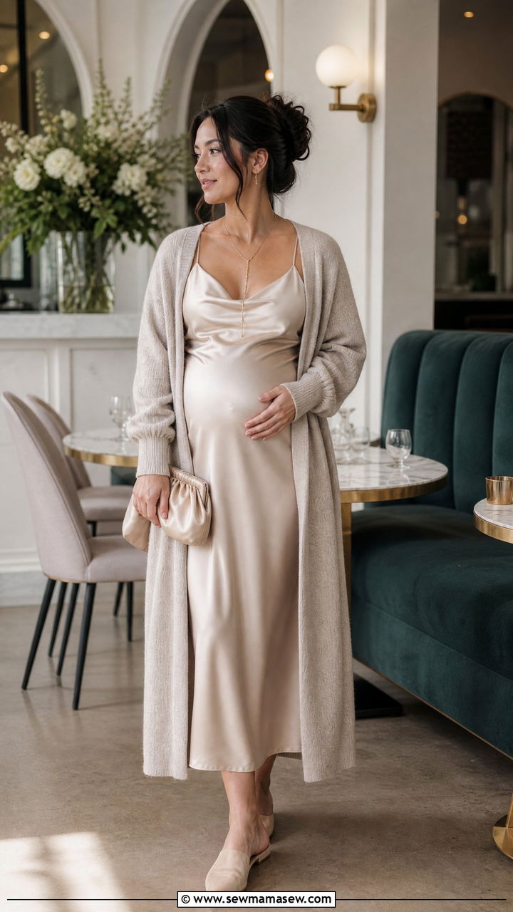 Slip Dress With Long Cardigan - 25 Brunch outfit ideas pregnant